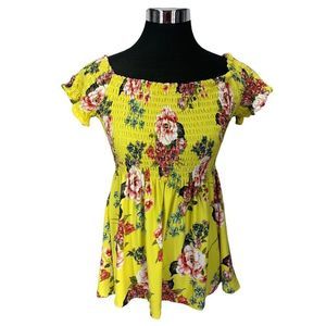 Bobbie Brooks Yellow Floral Babydoll Peasant Size‎ Medium Blouse